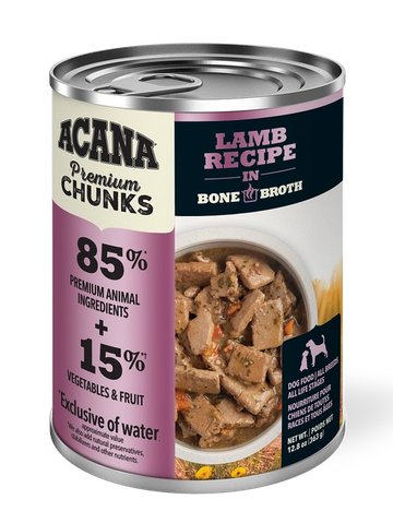 Can of Acana Lamb Recipe dog food with premium chunks in bone broth.