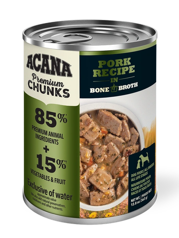 Can of Acana Premium Chunks Pork Recipe dog food in bone broth.