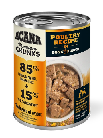 Can of Acana Poultry Recipe dog food with premium animal ingredients.