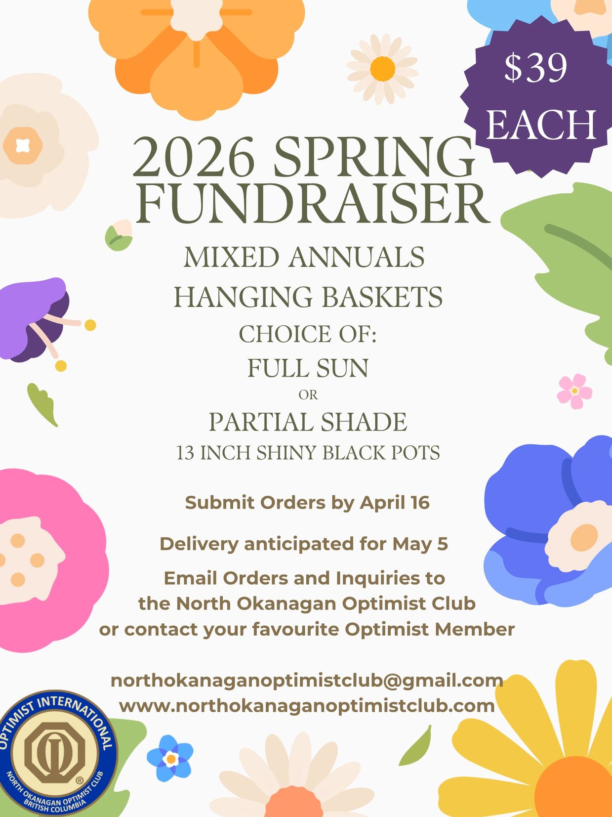 2026 Spring Fundraiser selling mixed annual hanging baskets for $39 each.