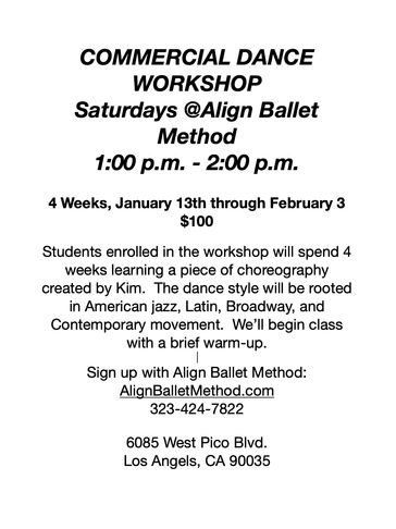 Flyer announcing a 4-week commercial dance workshop at Align Ballet Method on Saturdays.