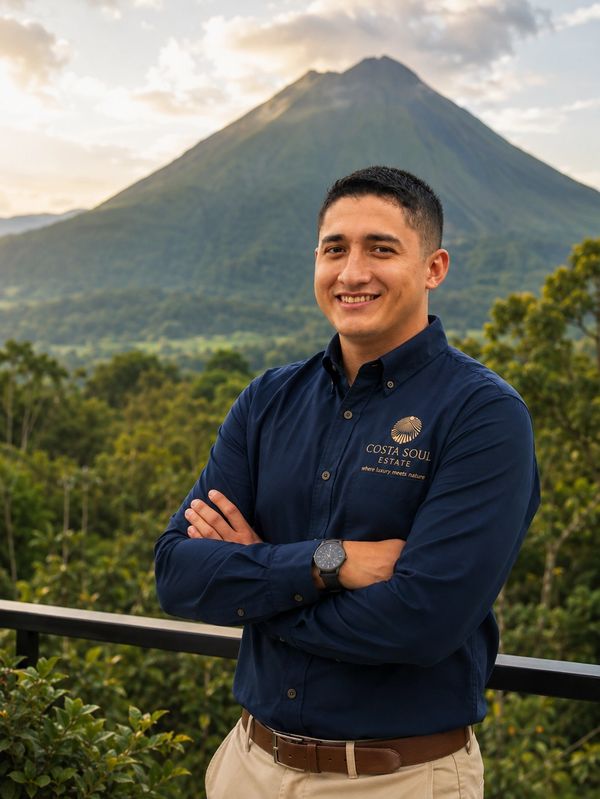 Hombre sonriente con camisa azul frente a un volcán.