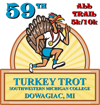 Logo for the 59th Turkey Trot race at Southwestern Michigan College.