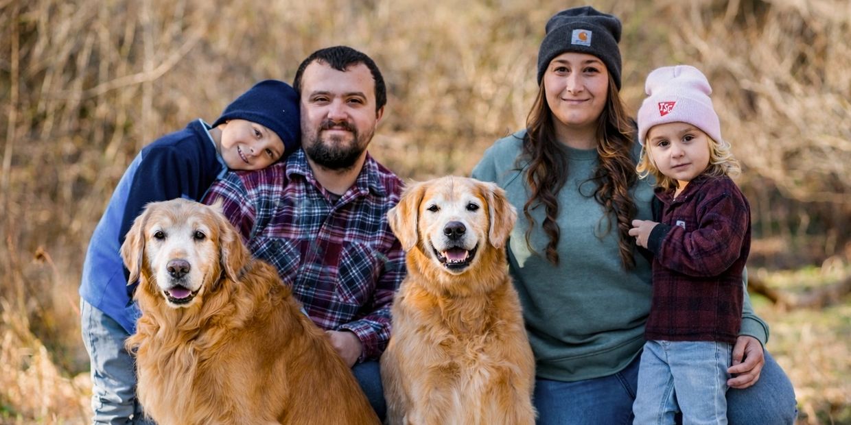 Family portrait with two golden retrievers and four people outdoors.