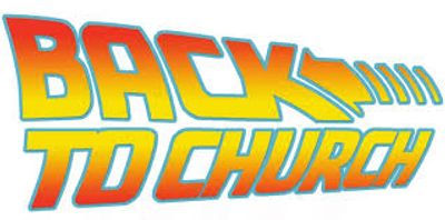 Bold colorful text saying 'BACK TO CHURCH' with dynamic arrows.