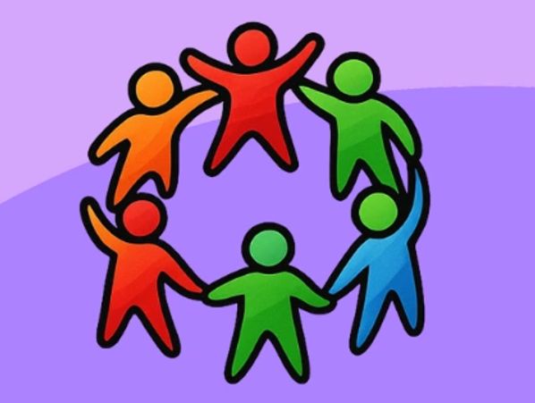 Colorful figures showing various social interactions and connections.