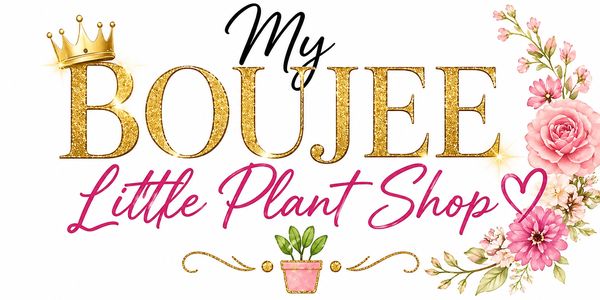 Elegant logo for My Boujee Little Plant Shop with gold glitter text and floral accents.