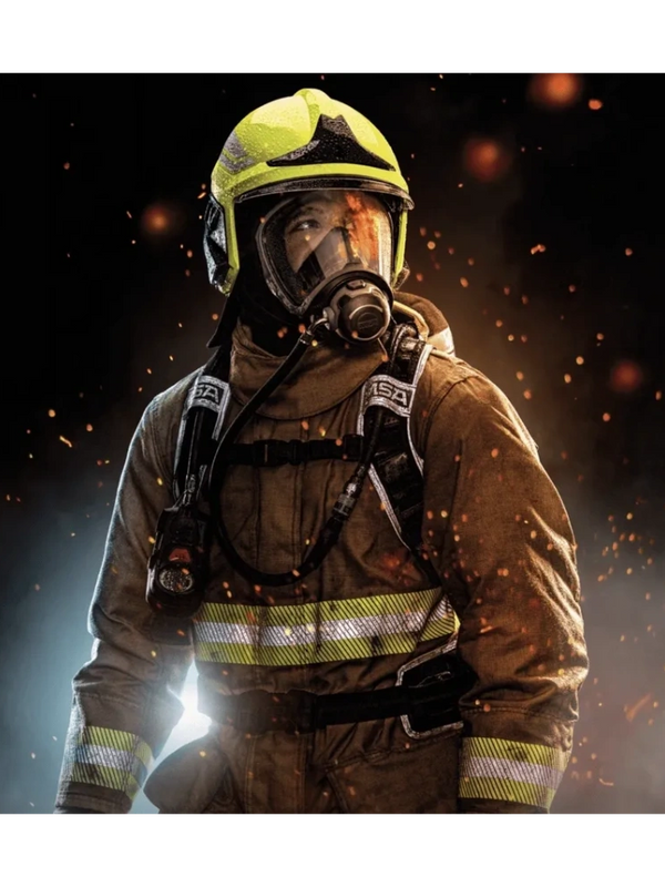 A masked man wearing a breathing apparatus
