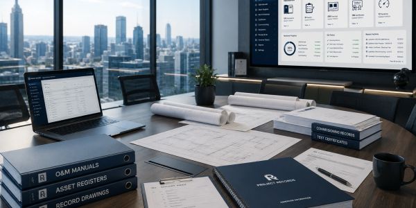 A modern office table with architectural plans, manuals, and a laptop overlooking a city skyline.