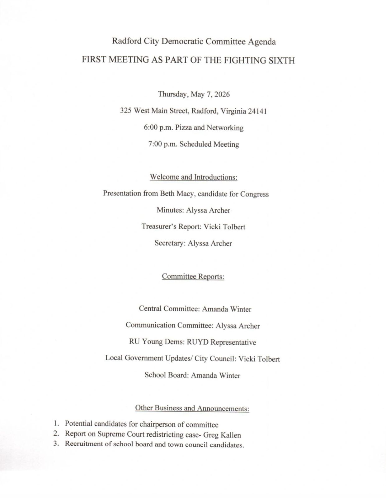 Radford City Democratic Committee meeting agenda for May 7, 2026.