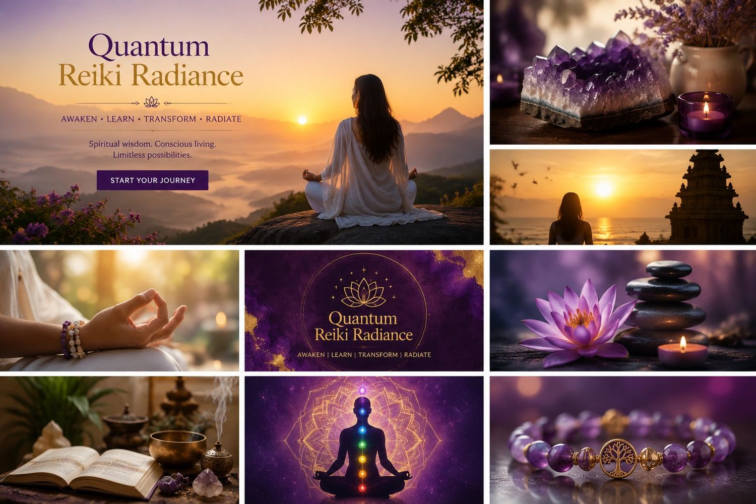 Quantum Reiki Radiance learning platform featuring meditation, spiritual growth, holistic wellness, self-awareness, crystals and personal transformation resources.