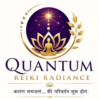 Golden meditating figure with lotus and celestial theme, Quantum Reiki Radiance logo.