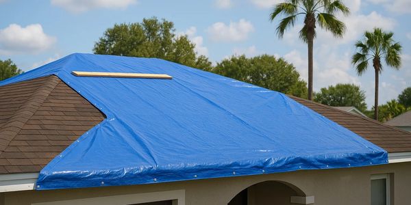 Blue tarp covering a damaged residential roof under sunny sky.
