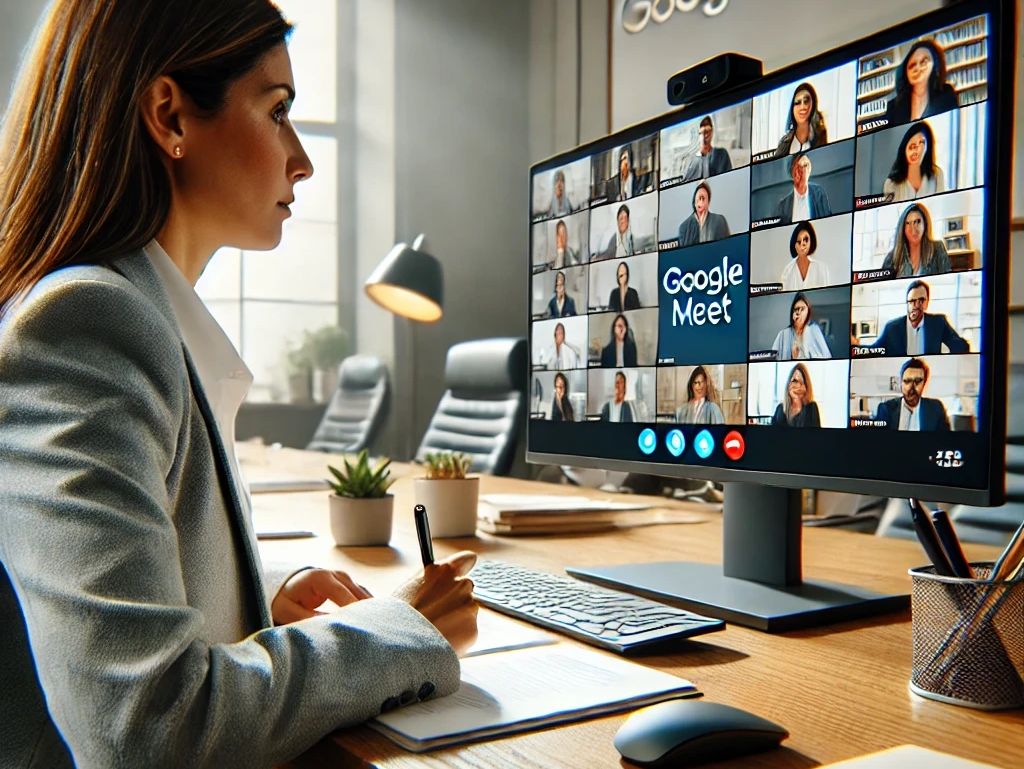 Caption Legal Illustration of a technician hosting a remote proceeding on Google Meet