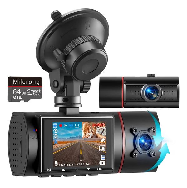 Dual Dash Cam Front and Inside with 64GB Card,Milerong X25 1080P Dash Camera for Cars with Infrared 