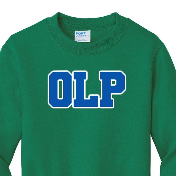 Green sweatshirt with bold blue OLP letters on the front.