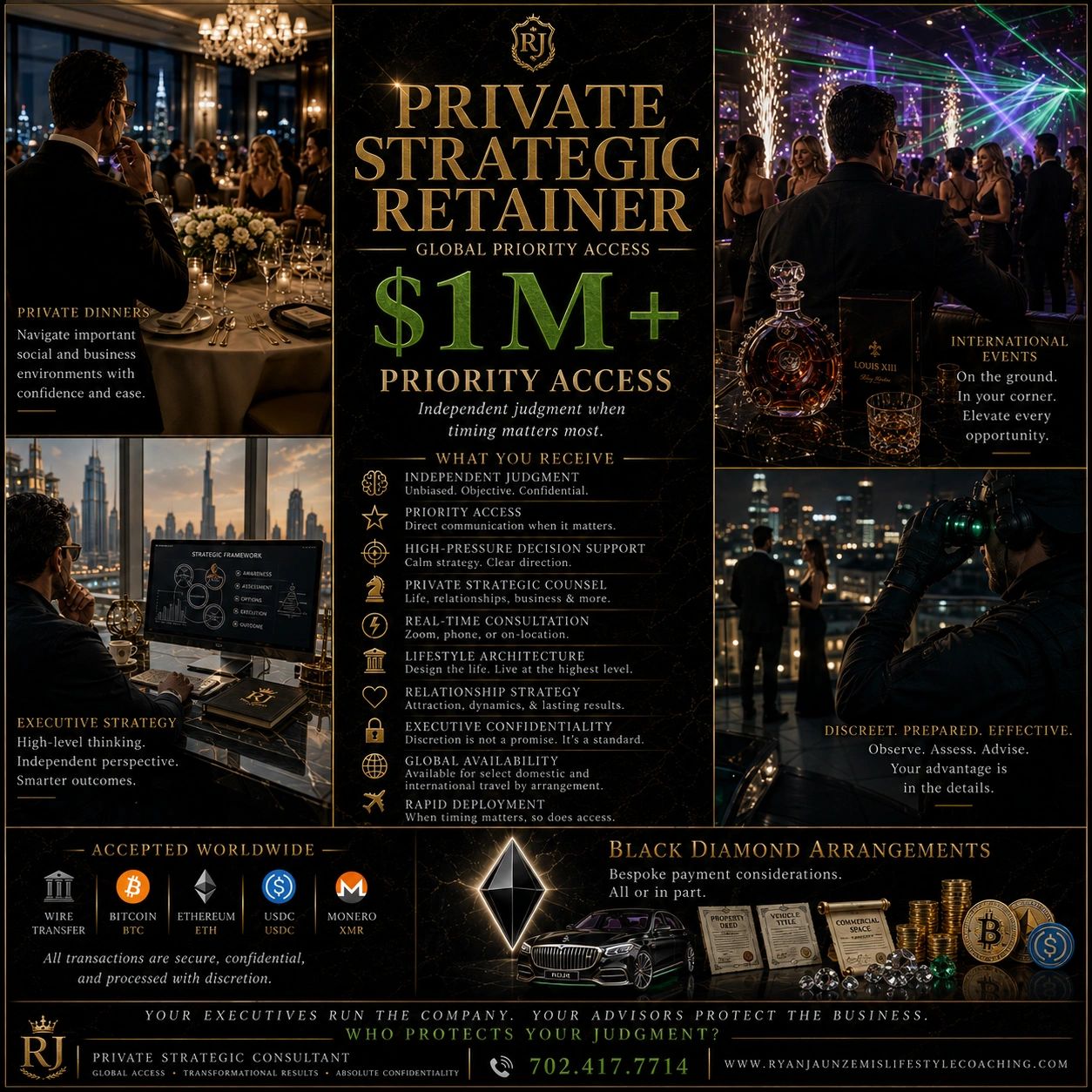 Exclusive high-level private consulting with $1M+ priority access and global services.