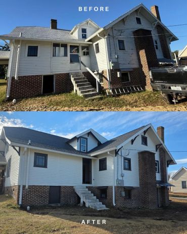 Before and after renovation of an old house exterior.
