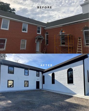 Before and after of a brick house painted white.