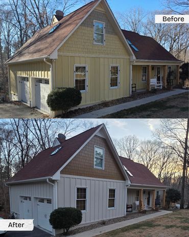 Comparison of a house exterior before and after renovation.
