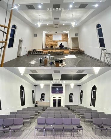 Before and after renovation of a church interior.