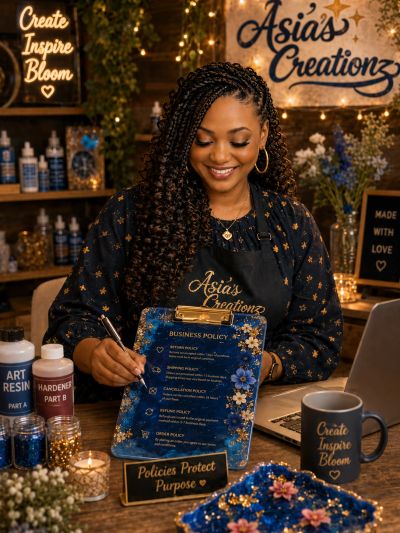 Woman showcasing business policies at Asia's Creationz, surrounded by vibrant decor.