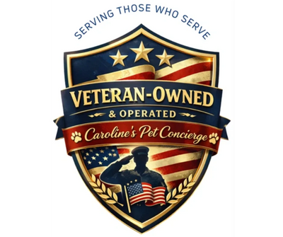Veteran-owned pet concierge service logo with patriotic design and American flag.