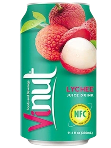 A can of Vinut lychee juice drink.