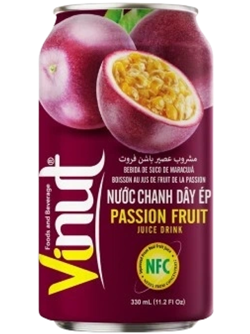 Can of Vinut passion fruit juice drink.