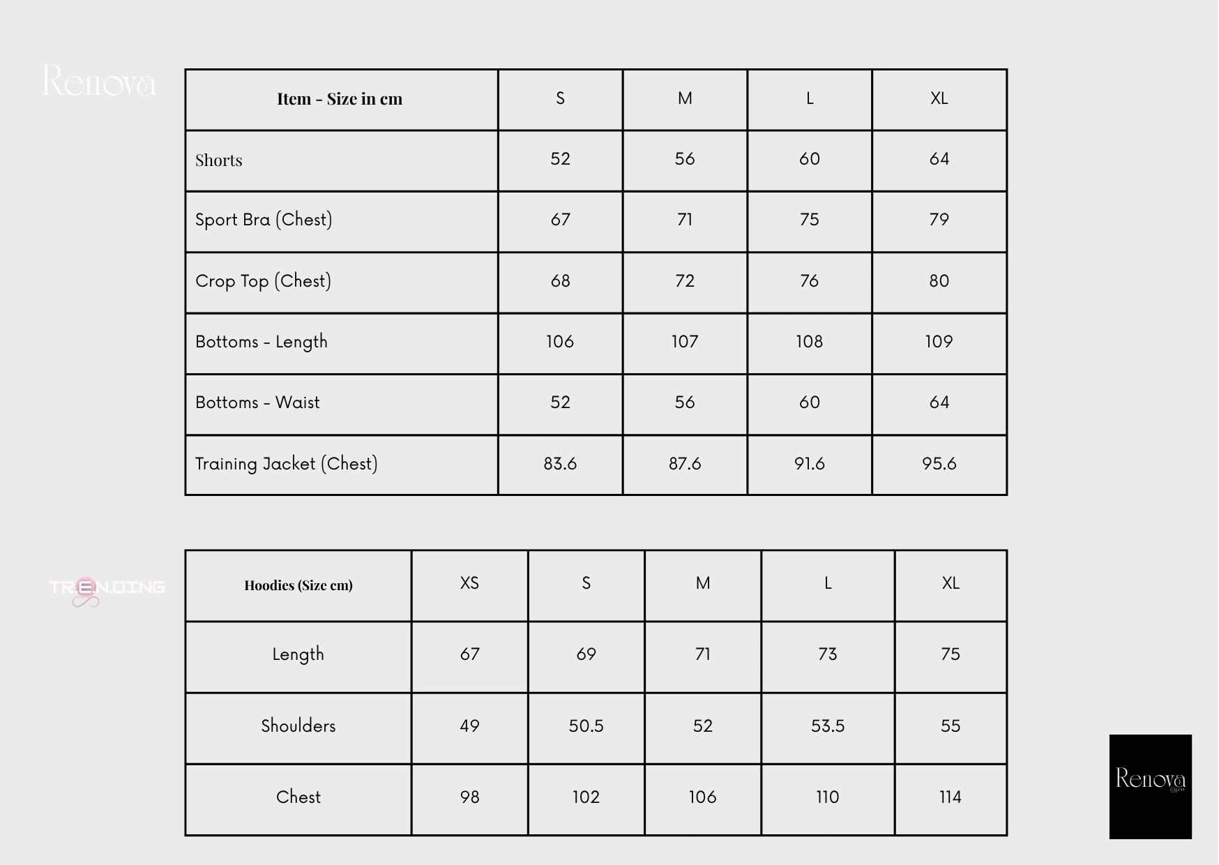 Clothing size charts for Renova including shorts, bras, crop tops, bottoms, jackets, and hoodies.