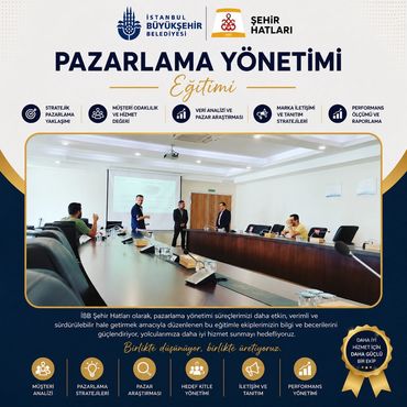 A marketing management training session by Istanbul Metropolitan Municipality with participants in a conference room.