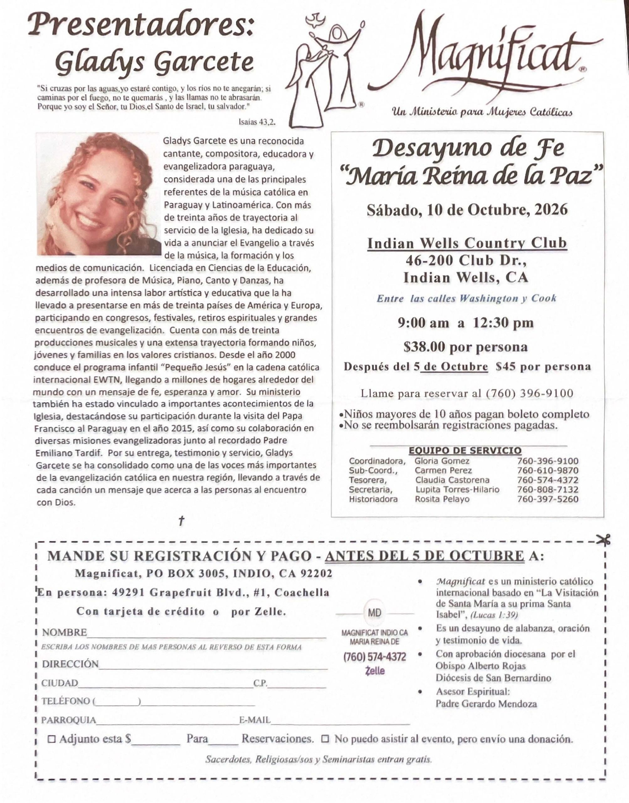 Flyer for faith breakfast event with Gladys Garcete at Indian Wells Country Club.