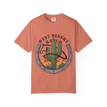 Salmon-colored T-shirt with a western desert ranch graphic.