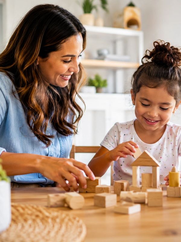 Mother and daughter playing with wooden blocks at home.