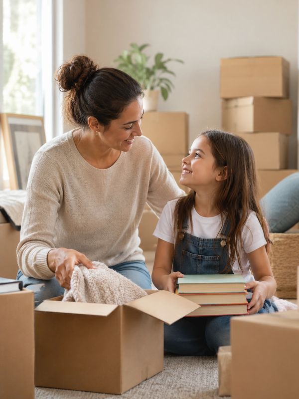 Mother and daughter unpacking boxes and smiling.