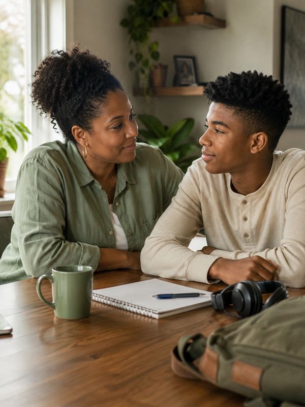 Mother and son having a conversation at a table.