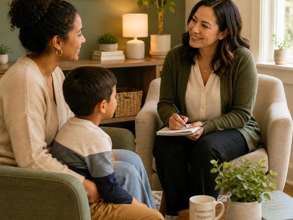 Woman counseling a mother and her child.