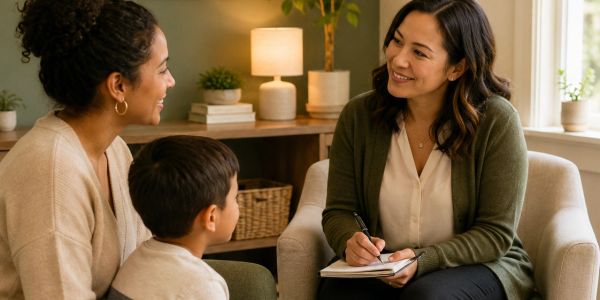 Woman counseling a mother and her child.