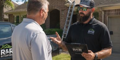 Roofing contractor consulting a customer outside a home.