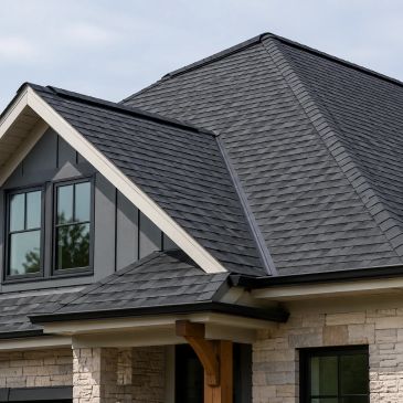 Modern house with dark gray shingled roof and stone walls.