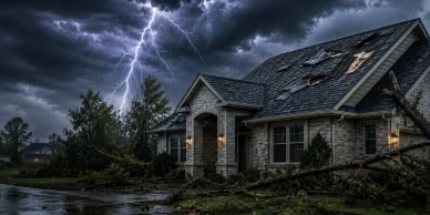 House damaged by a storm with lightning in the background.