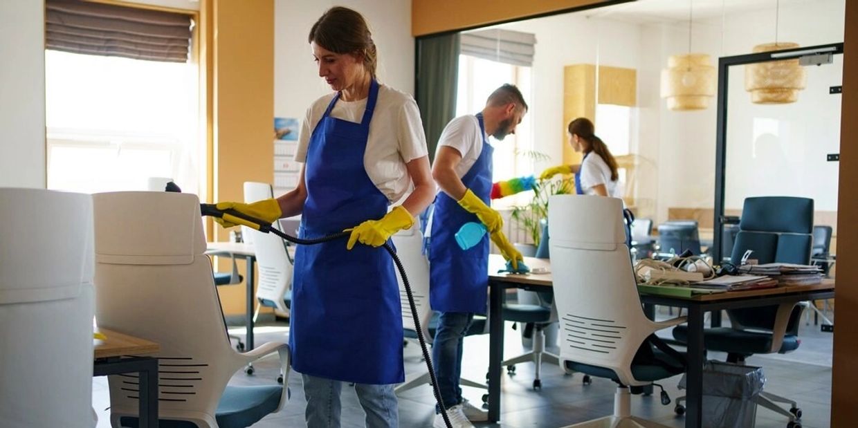 Three people cleaning an office with gloves and aprons.