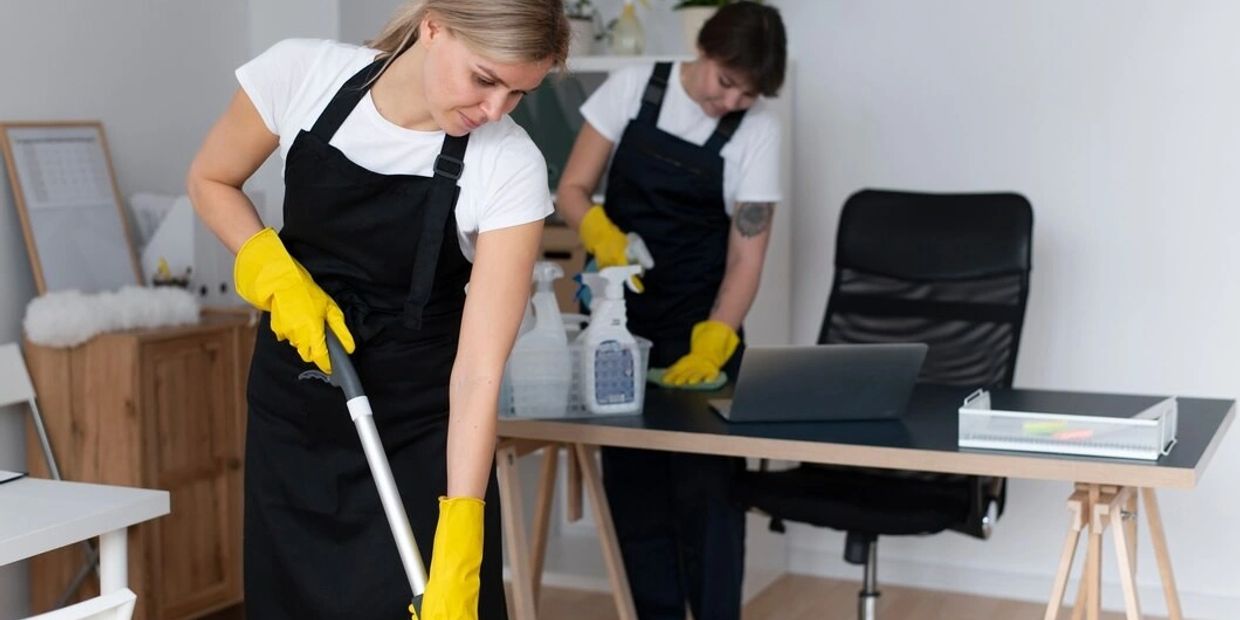 Two women cleaning an office wearing yellow gloves.
