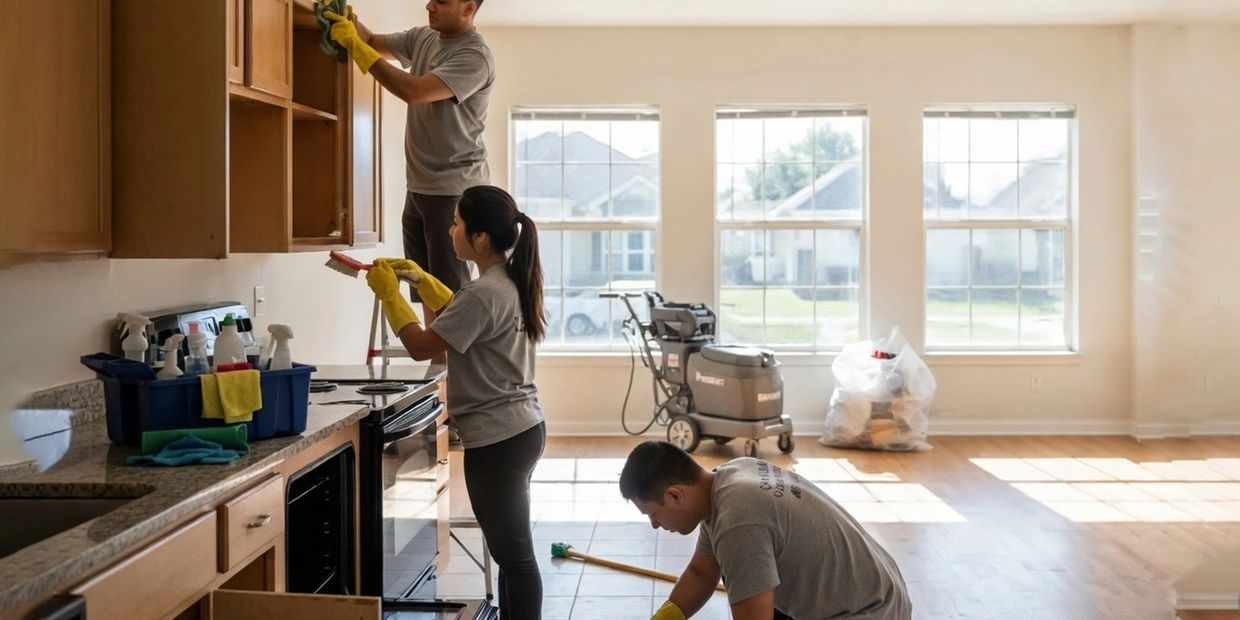 Three people cleaning a kitchen with cleaning supplies and equipment.