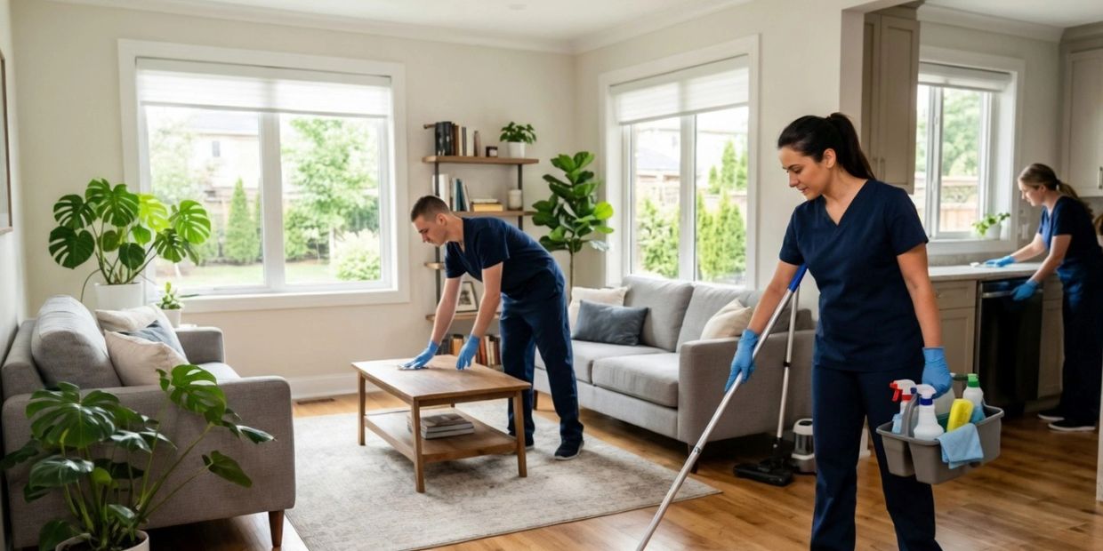 Professional cleaners tidying a modern living room and kitchen.