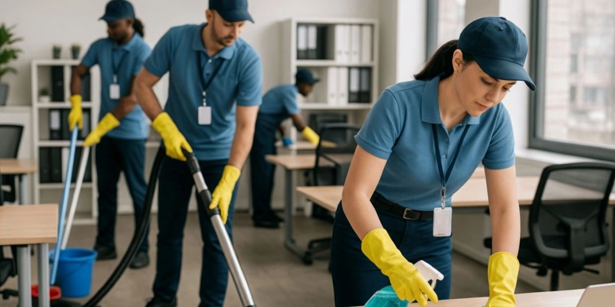 A team of janitors cleaning an office space wearing blue uniforms and yellow gloves.