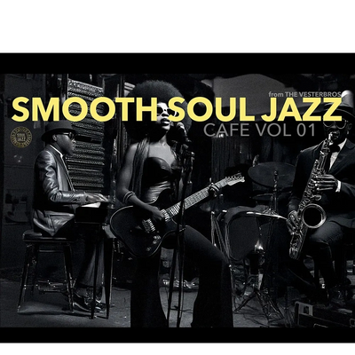 Black and white image of a soul jazz band performing live with bold yellow text.