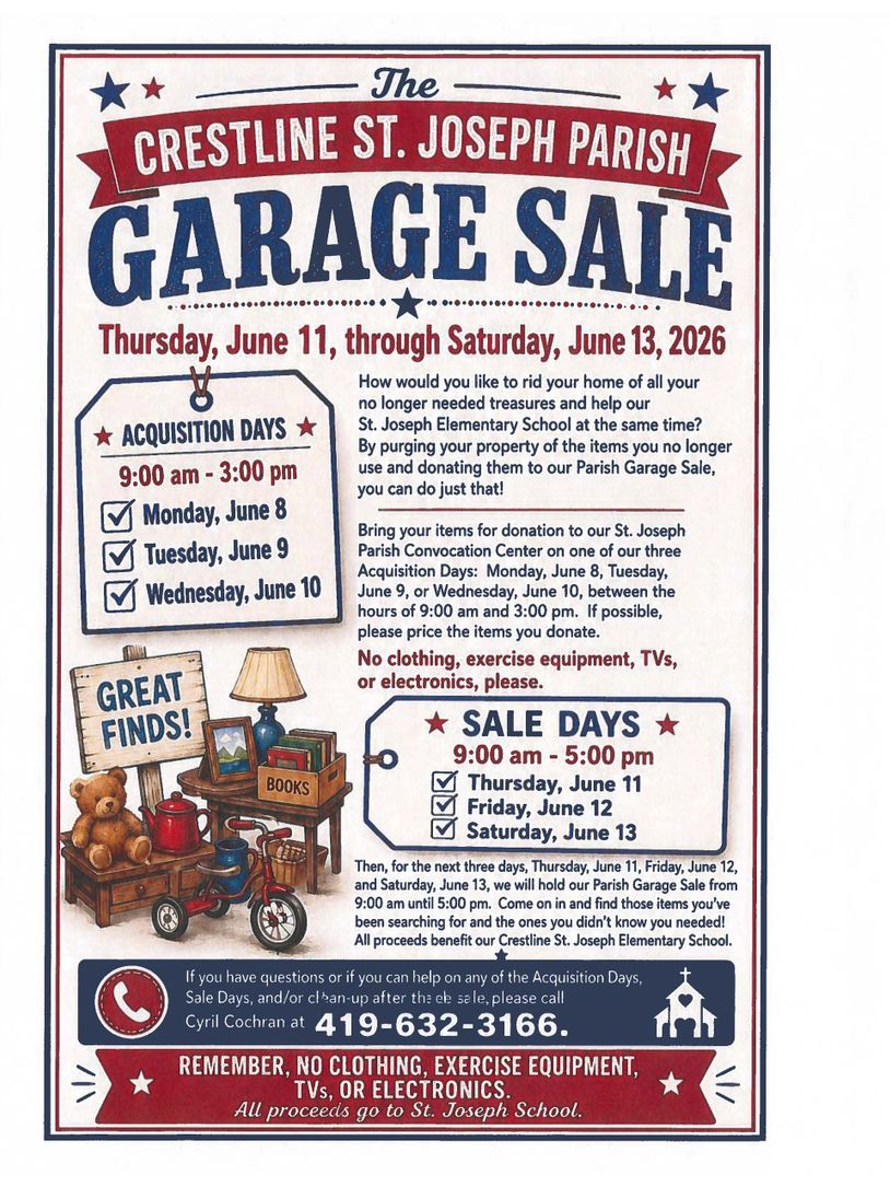 Crestline St. Joseph Parish Garage Sale from June 11-13, 2026 with acquisition days June 8-10.