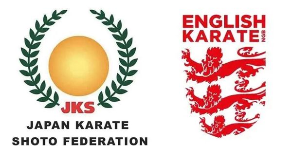 Logos of Japan Karate Shoto Federation and English Karate with heraldic lions.