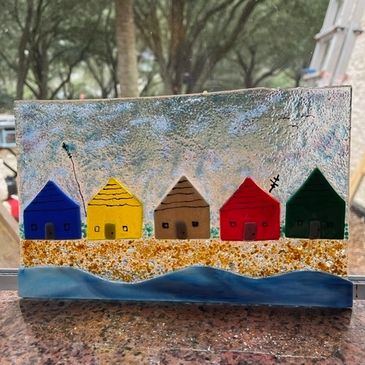 handmade fused glass art with beach houses